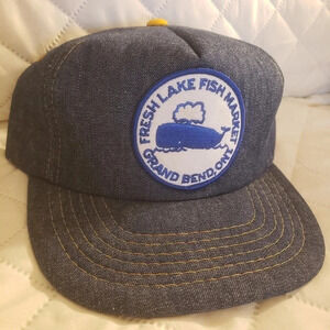 Vintage Blue  Denim Fresh Lake Fish Market Grand Bend ON Foam Inside Hat
